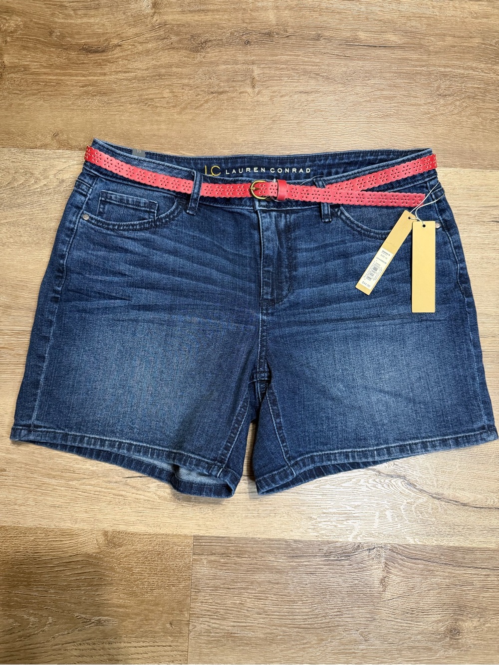 Lauren Conrad Navy Denim Shorts with Coral Belt